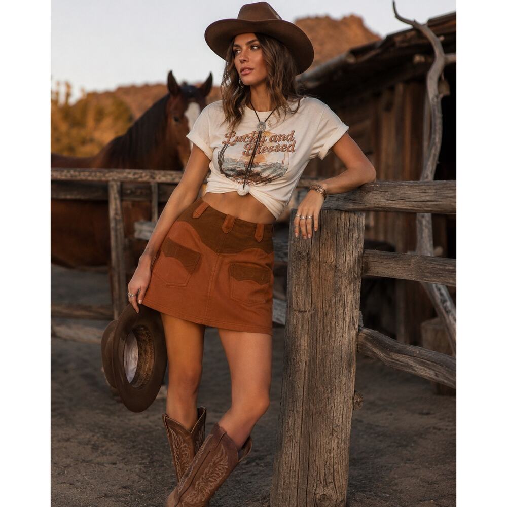 Lucky and Blessed Western Cognac Brown Mini Skirt Women’s Medium 28 Rodeo